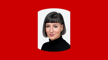 Headshot of Kellyn Gorman on a red background