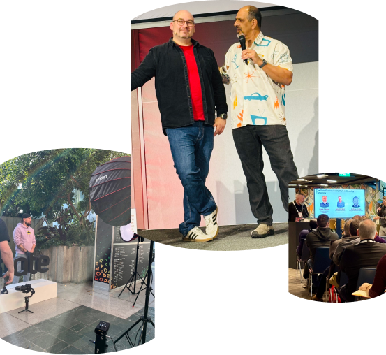 Three images overlapping showing Redgate ambassadors on stage at events