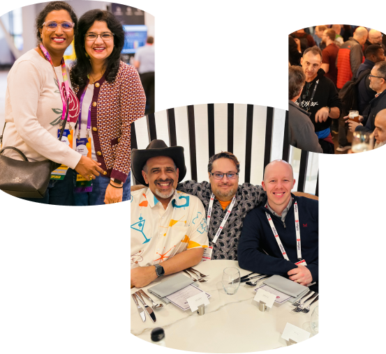 Three overlapping photos showing Redgate ambassadors at events - at roundtables, at meals, and networking
