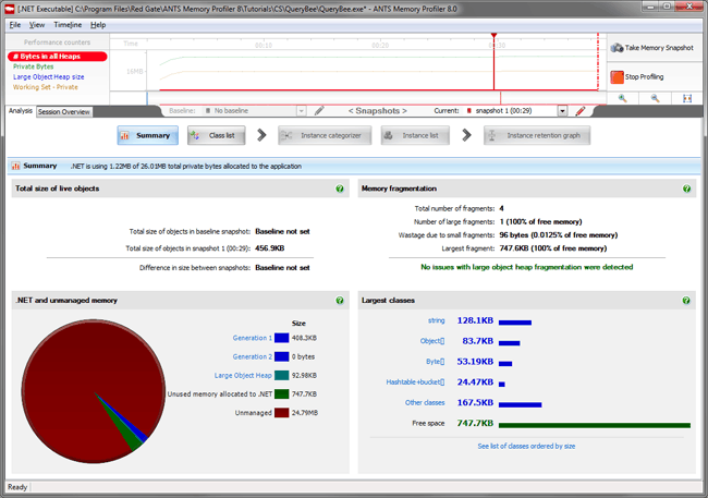 Results from our first snapshot – Summary screen.