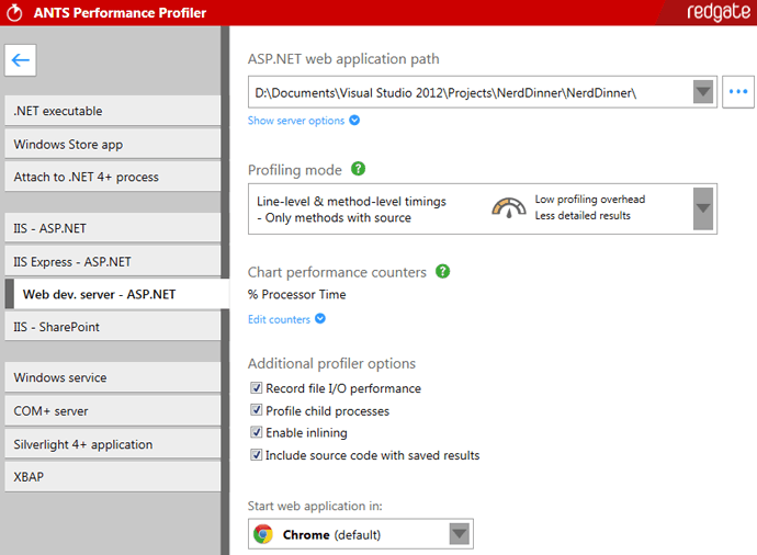 Choosing the ASP.NET profiling mode Choosing the ASP.NET profiling mode