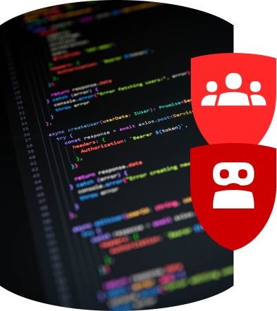 An IDE with code on it, with two red shields overlaid on top