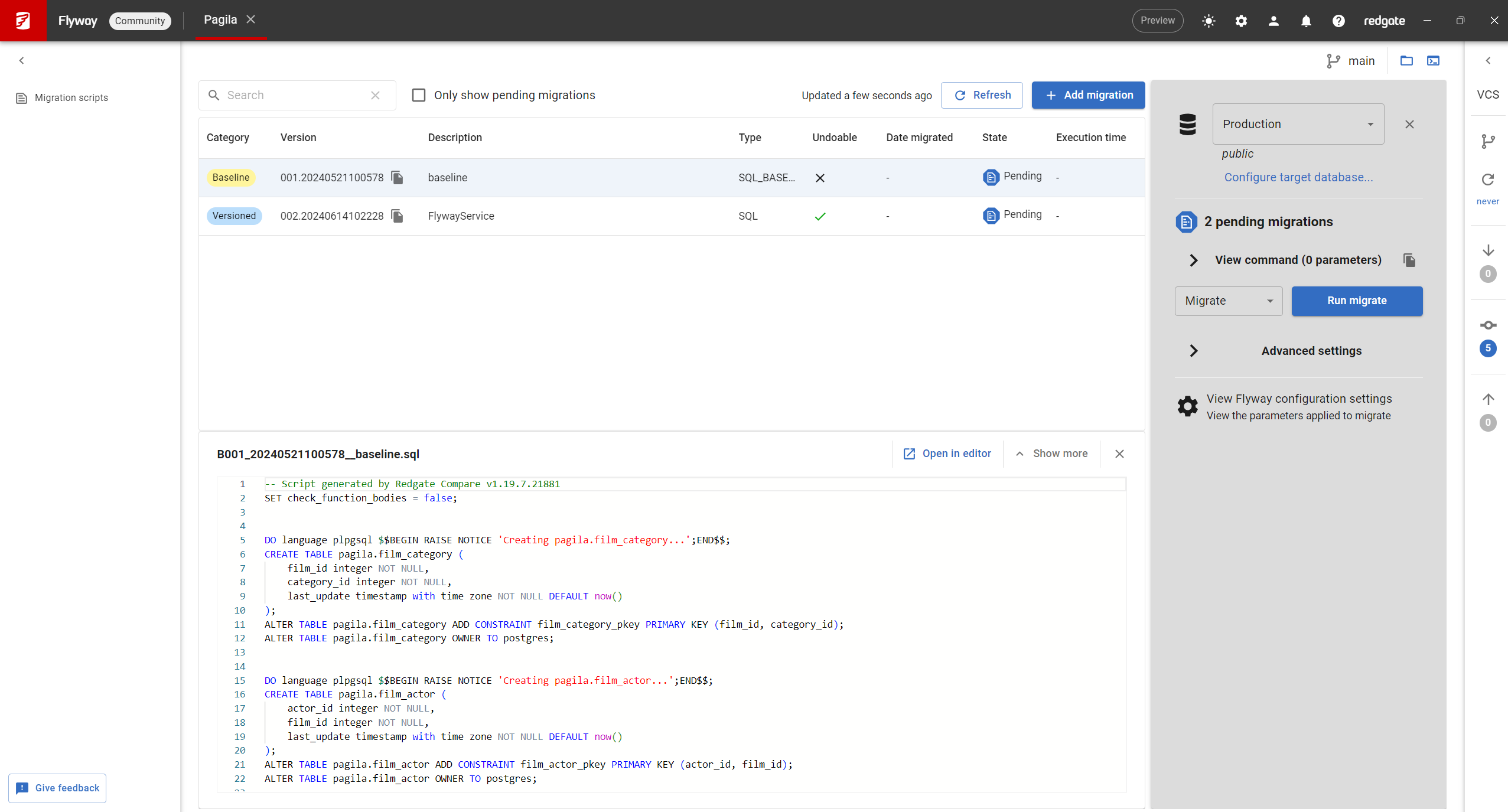 Screenshot of Redgate Flyway Desktop interface