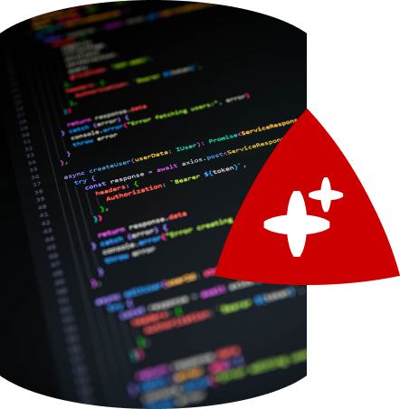 A code editor with a red triangle and white AI sparkle icon superimposed
