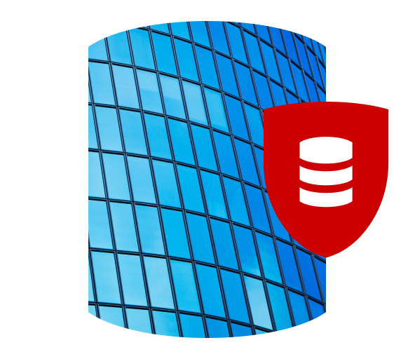 A large window reflecting a blue sky. A red shield with a database icon is overlaid.