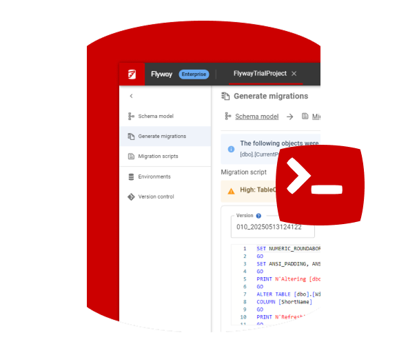 Screenshot of Redgate Flyway interface showing AI-generated database changes