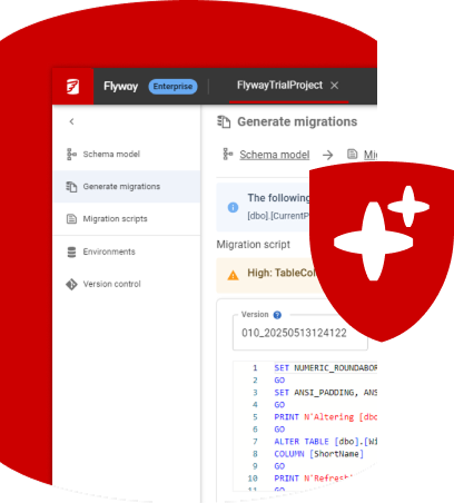 Screenshot der Redgate-Flyway-Oberfläche mit KI-generierten Datenbankänderungen