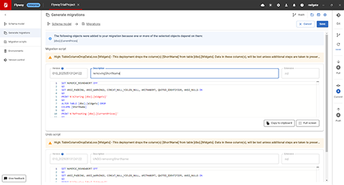 View of a migration SQL script and its corresponding undo script in Redgate Flyway Enterprise