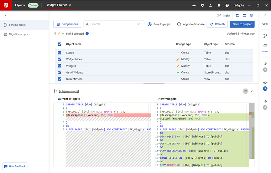 Redgate Flyway Teams version control - Schema model diff view