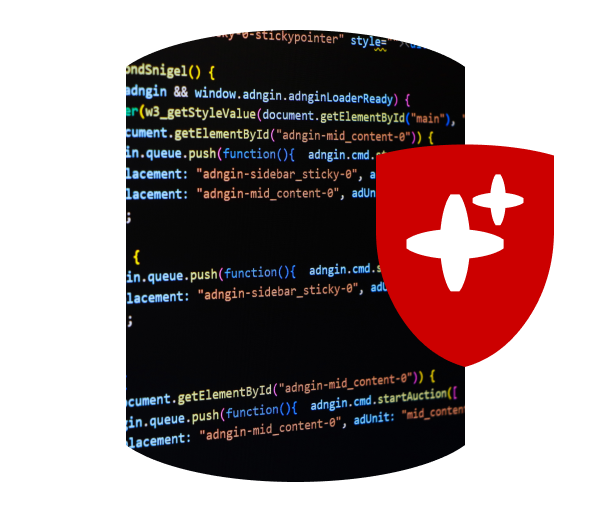 A code editor with a shield and AI sparkle icon superimposed