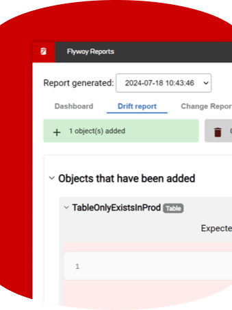 A Flyway Enterprise drift report showing a detected schema change