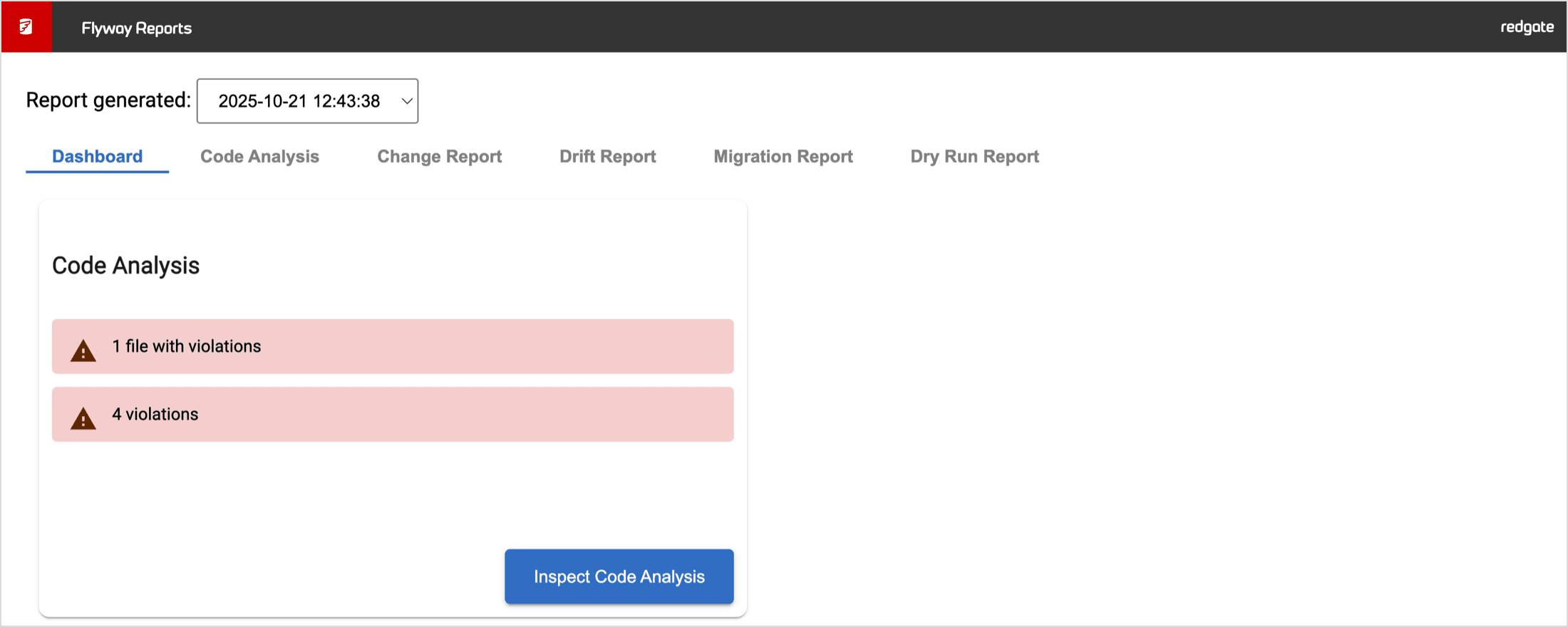 Screenshot of Redgate Flyway showing code analysis GUI