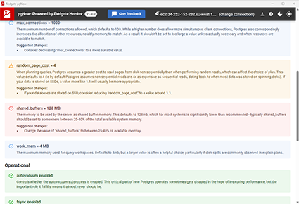 Viewing performance recommendations in Redgate pgNow