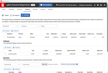 Viewing a breakdown of the use of all indexes in Redgate pgNow