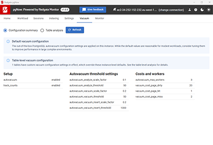 Viewing recommendations to improve vacuum effectiveness in Redgate pgNow