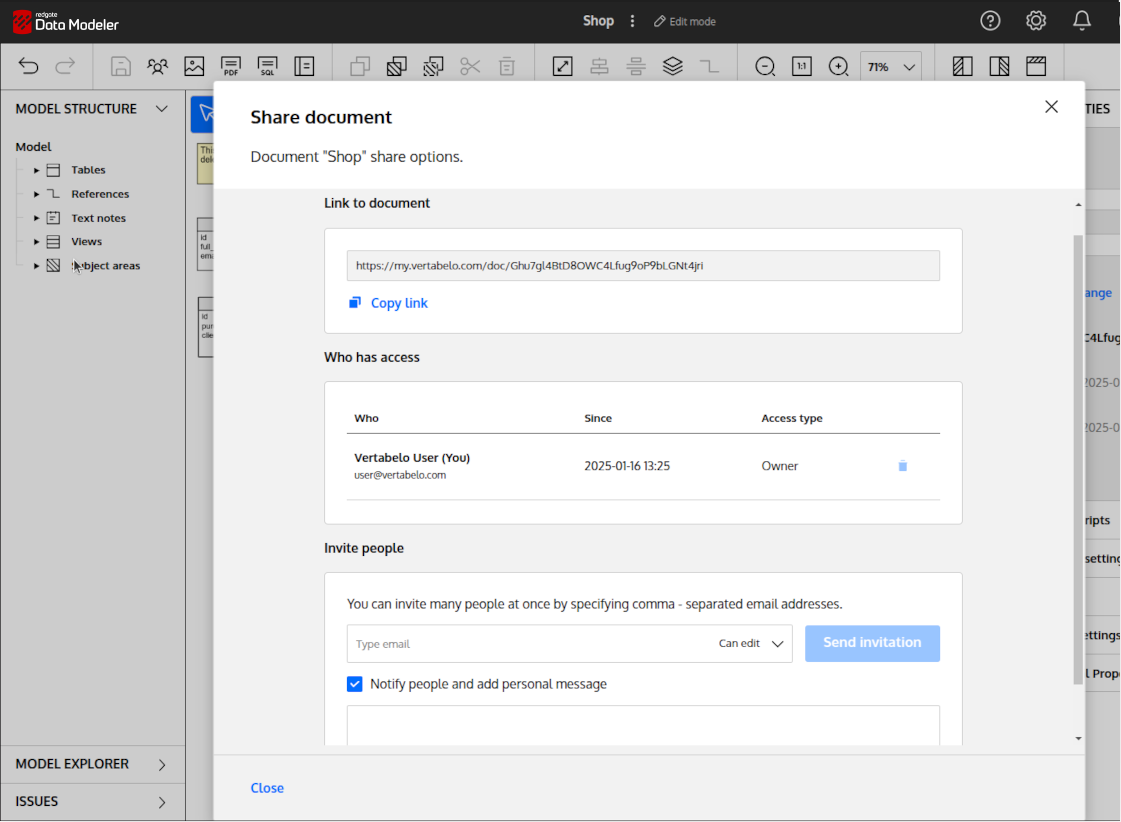 A screenshot of the Redgate Data Modeler GUI focussing on the Share Document dialog