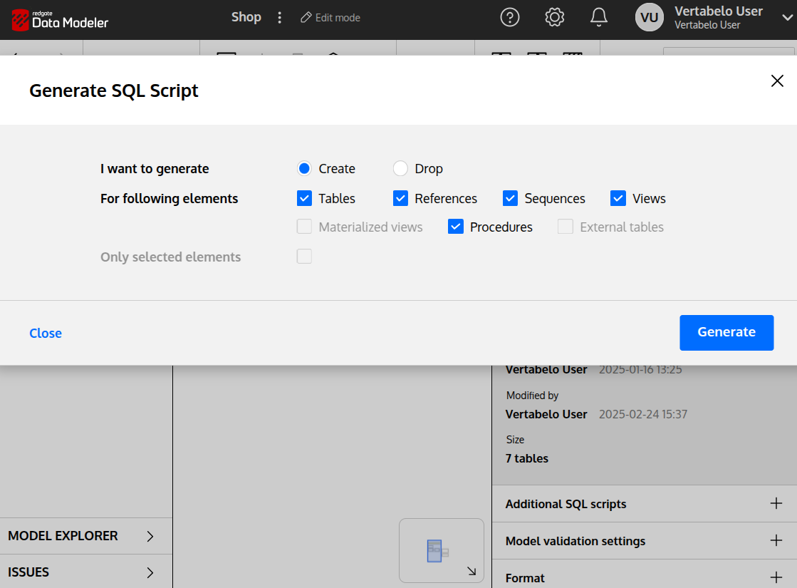 A screenshot of the Redgate Data Modeler GUI showing script generation options