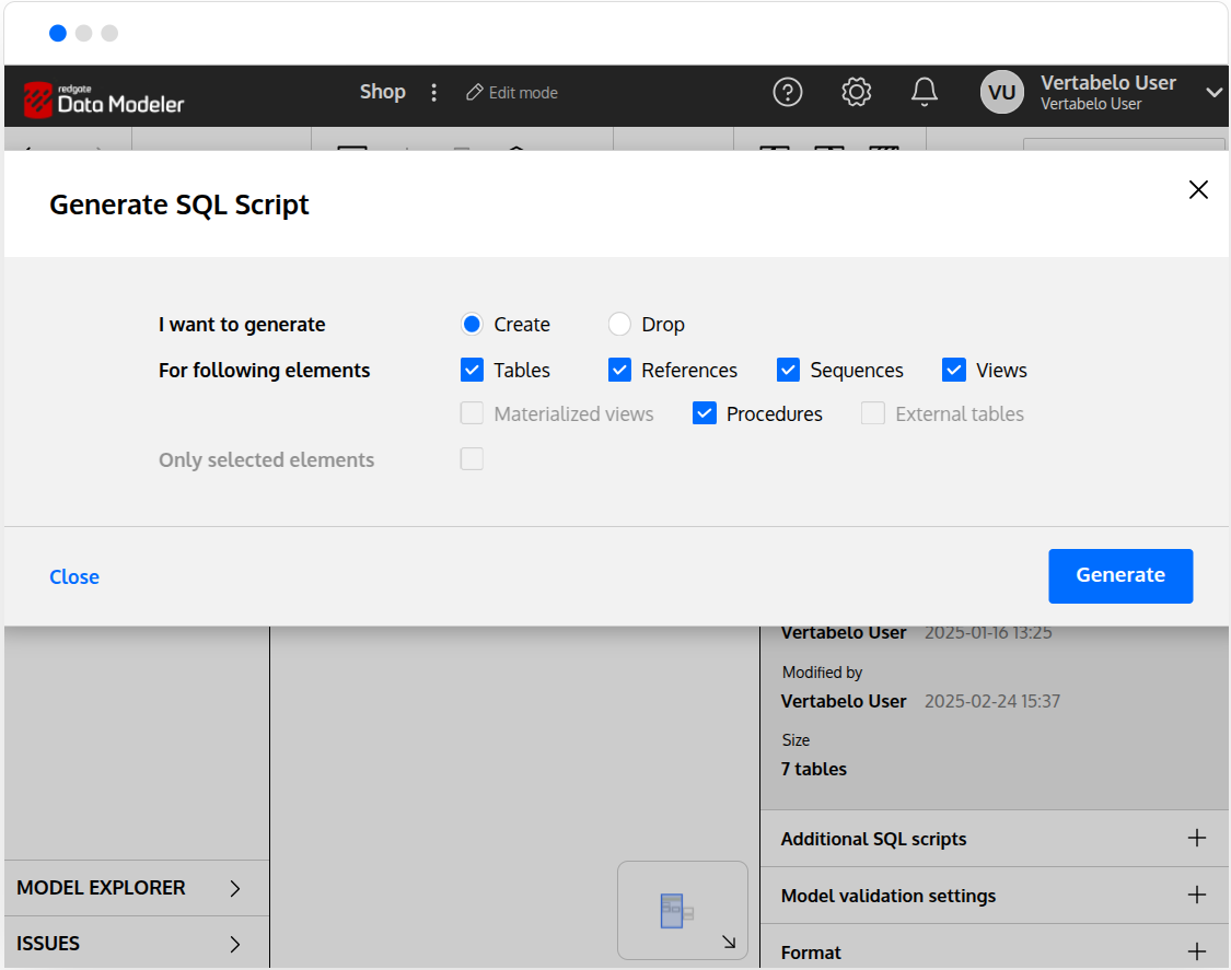 A screenshot of Redgate Data Modeler showing SQL generation options with a menu