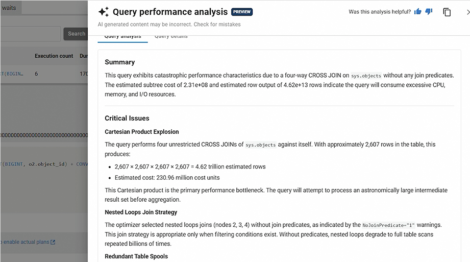 Query performance analysis panel in Redgate Monitor