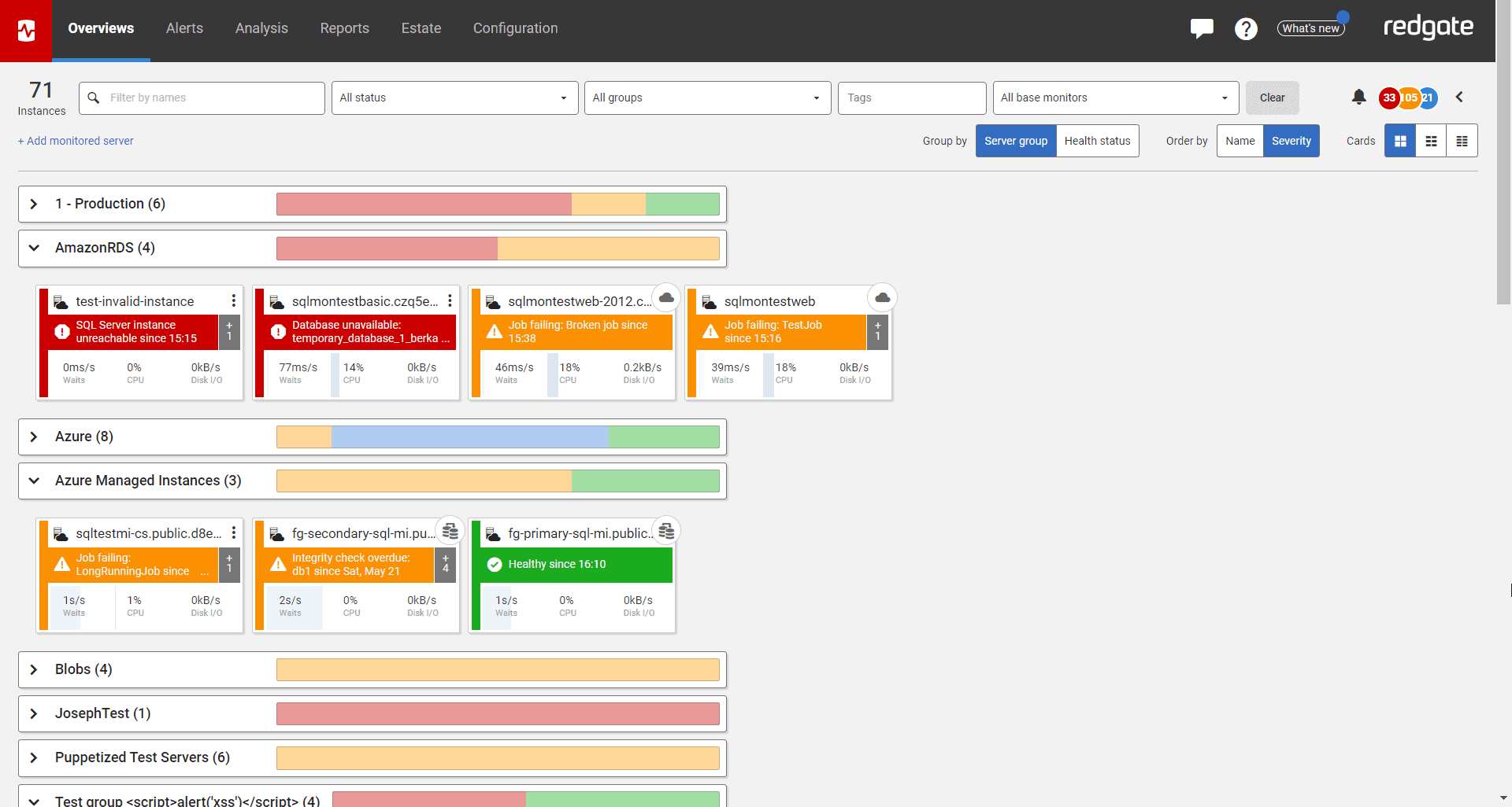 A Redgate Monitor dashboard showing AWS Virtual Machines alongside Amazon RDS