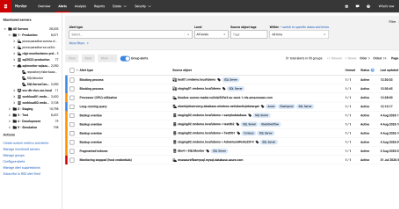 Screenshot zeigt Redgate Monitor Alarme