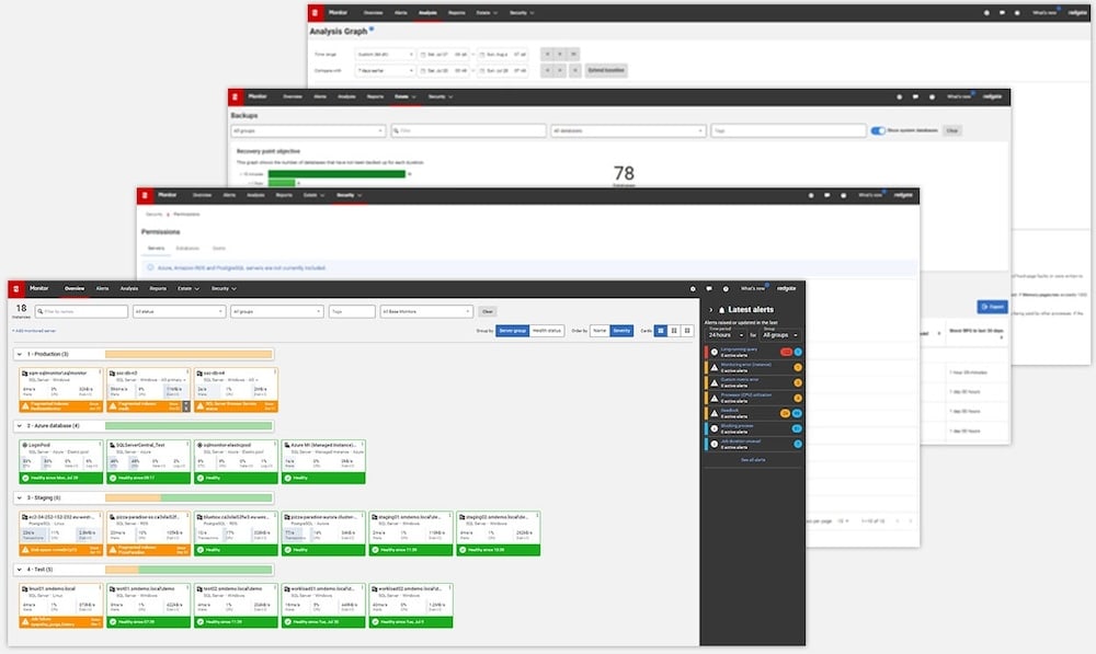 Three overlapping screenshots of Redgate Monitor