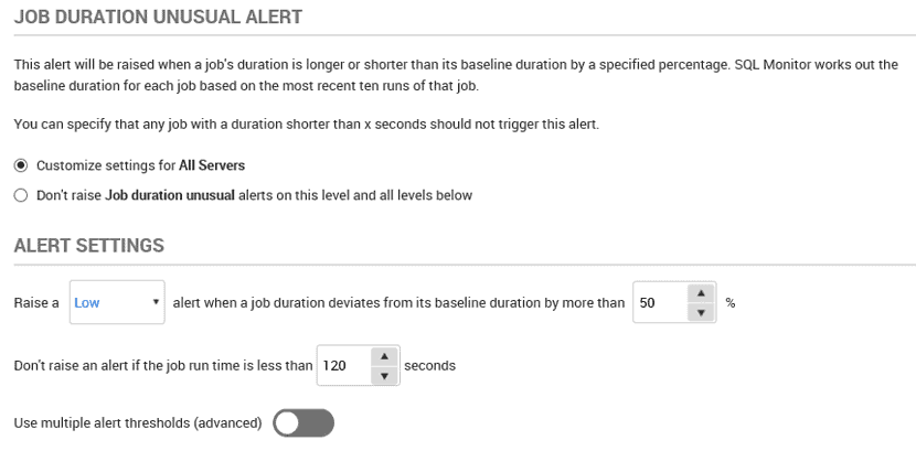 Customizing the settings for a Job duration unusual alert