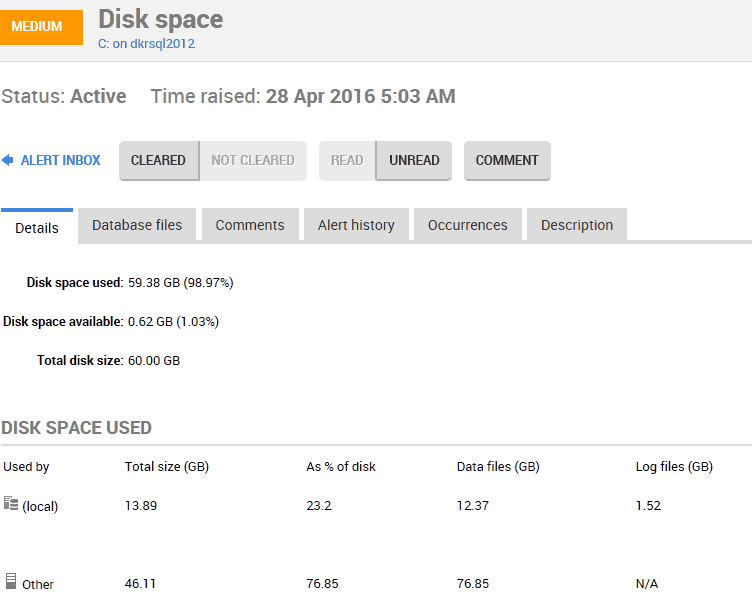 Drilling into a disk space alert to check the space being used