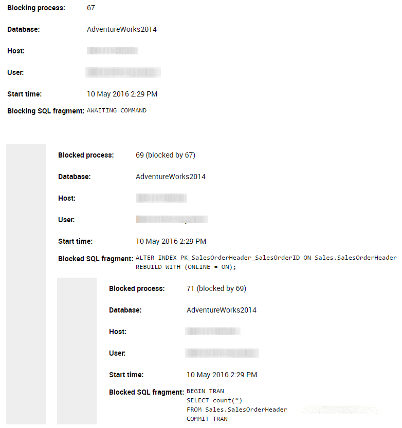 A full blocking chain, from the Processes tab of Redgate Monitor's Blocking process alert A full blocking chain, from the Processes tab of Redgate Monitor's Blocking process alert