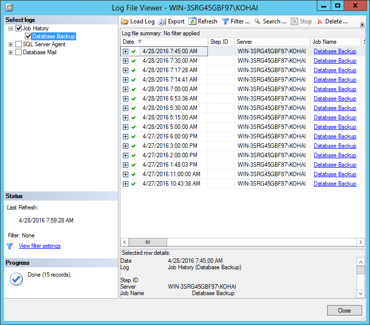 History of database backups in the Log File Viewer