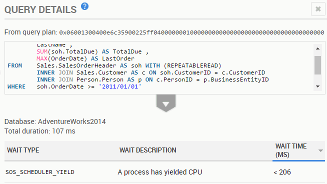 A query and its plan handle that's causing blocking, from the Top queries tab in Redgate Monitor