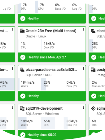 Multi-Tenant-Dashboard von Redgate Monitor SaaS, dargestellt in einer Datenbankform