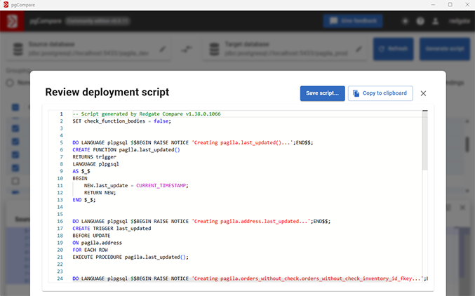 Reviewing a deployment script in Redgate pgCompare