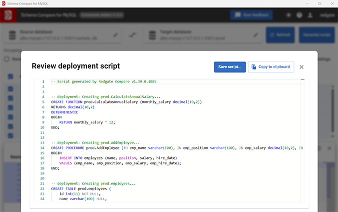 Reviewing a deployment script in Schema Compare for MySQL