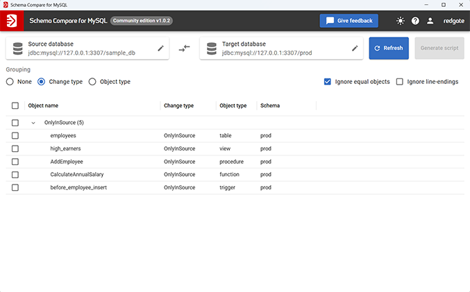 Preparing a schema deployment in Schema Compare for MySQL