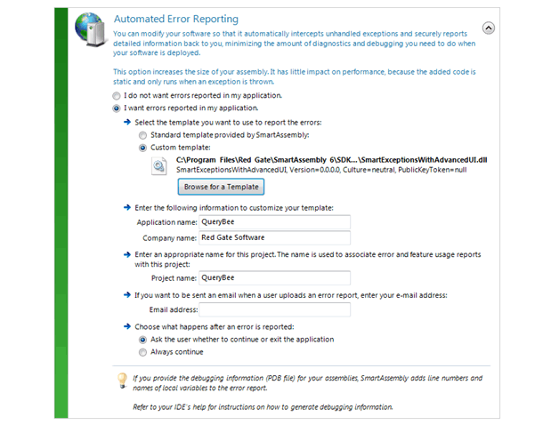 Figure 5: Activating Automated Error Reporting in your SmartAssembly project.