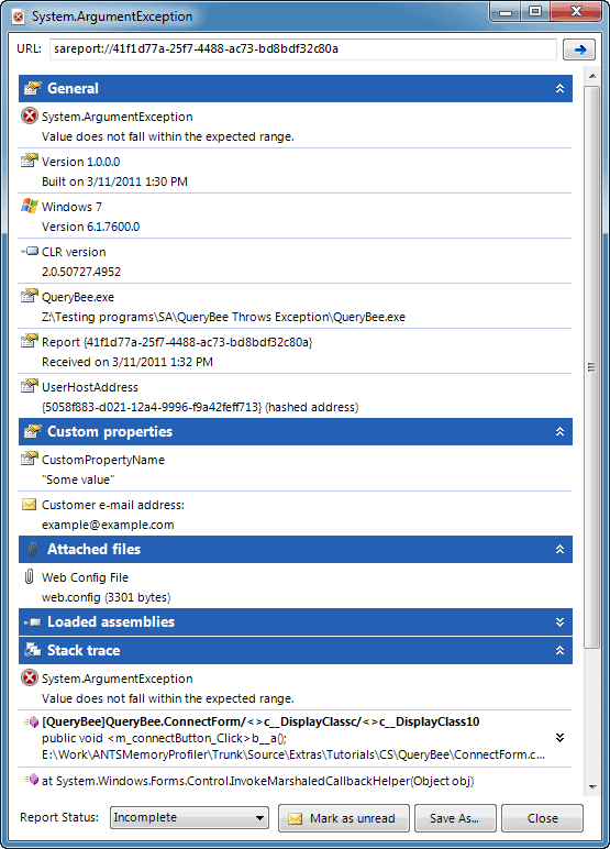 Figure 8: An error report received by the developer, as viewed from within SmartAssembly.