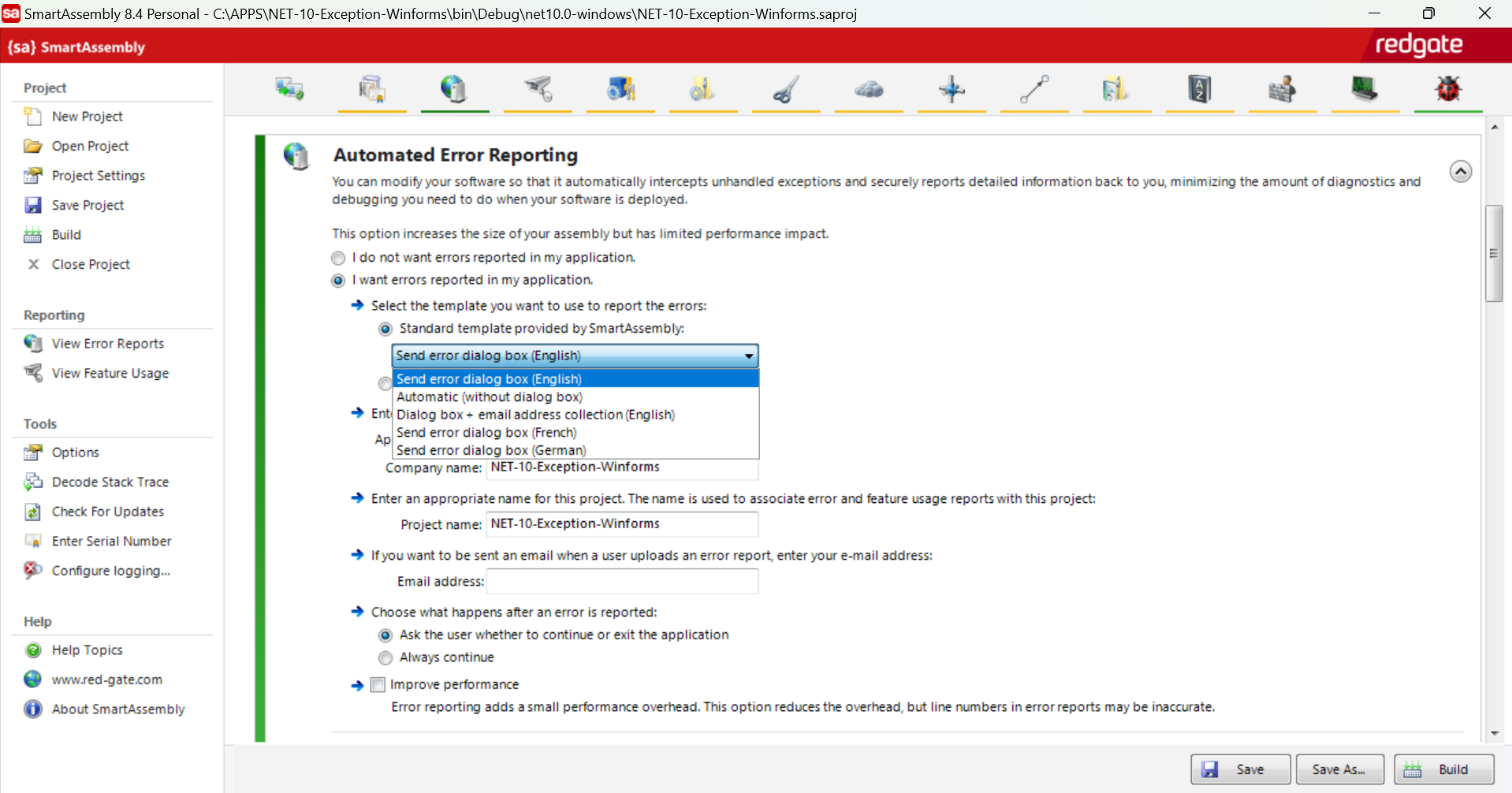 Figure 1: Automated Error Reporting options.