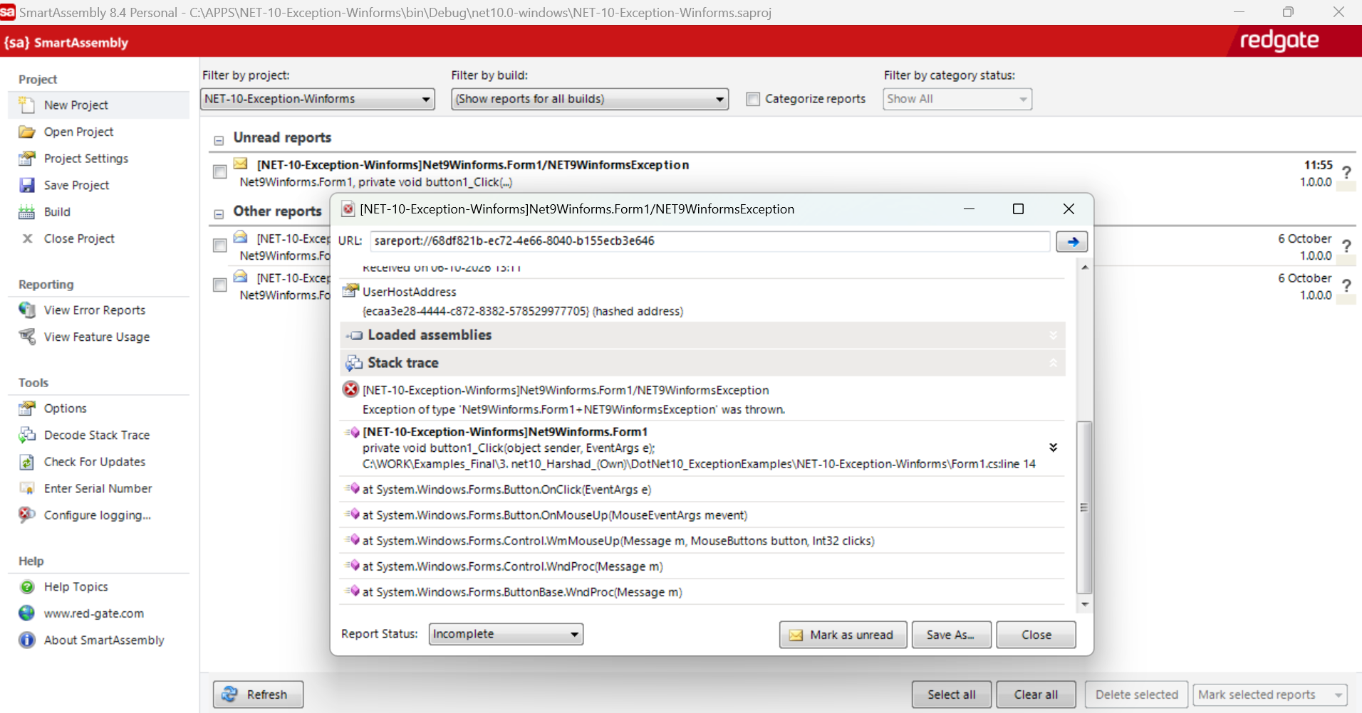 Figure 7: Examining the stack trace.