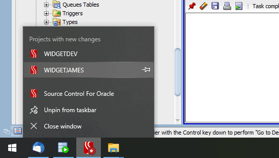 New Oracle database changes in version control are highlighted in the task bar