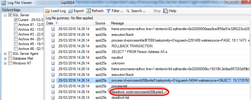 The error log contents, with the victim of the deadlock highlighted