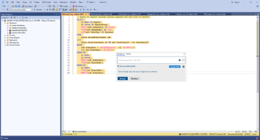 Screenshot showing SQL Prompt's AI-powered Text-to-SQL feature in SQL Server Management Studio