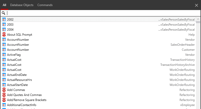 SQL Prompt command palette screenshot