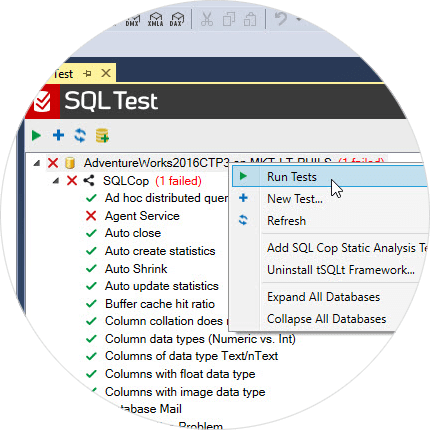 Clicking Run Tests in the SQL Test drop-down menu inside SQL Server Management Studio