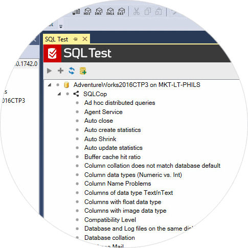 SQL Cop tests sitting inside the SQL Test tab in SQL Server Management Studio