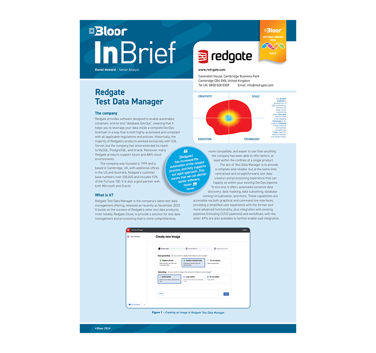 The Cover for the Bloor InBrief: Redgate Test Data Manager 2024 report