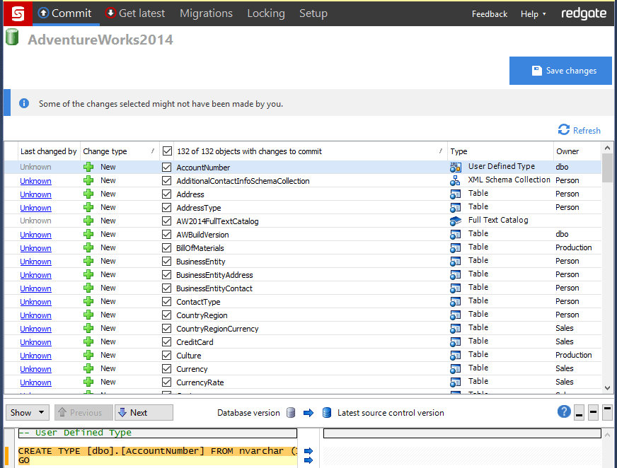 Committing database changes to source control