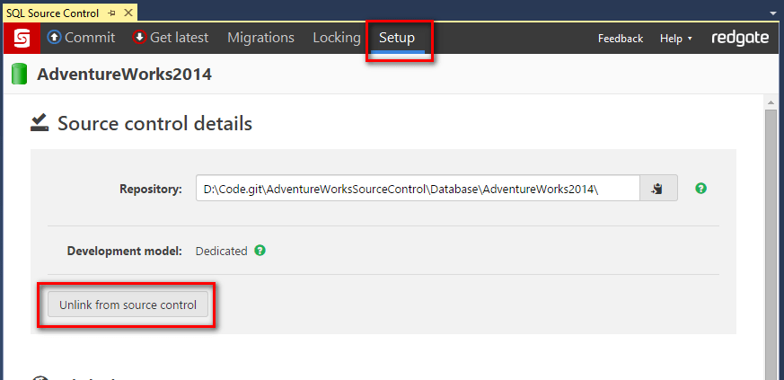 unlink a database from source control