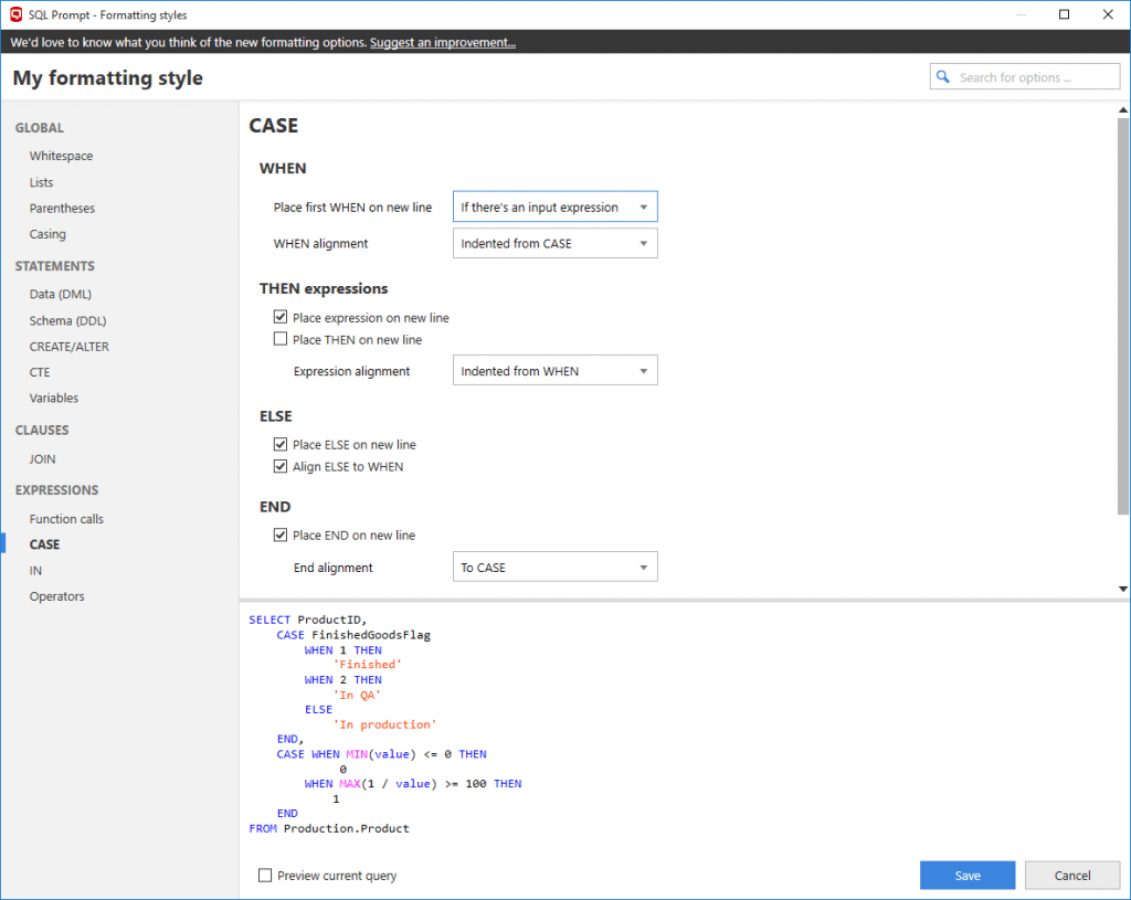 SQL Prompt formatting styles 1