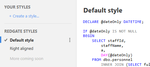 SQL Prompt formatting styles 2